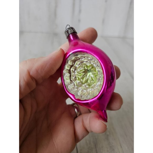 Vintage Poland indent reflector pink mini ornament glass Xmas glitter tree - Picture 9 of 9